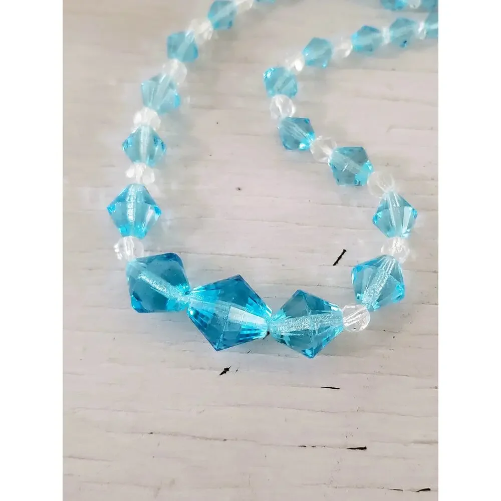 Vintage Light Blue and Clear Faceted Graduated Bead Necklace